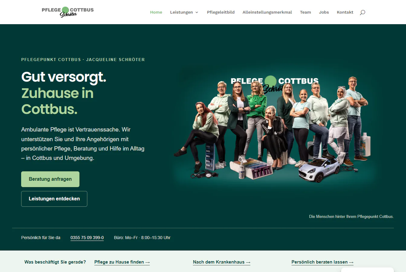 Website von Pflegepunkt Cottbus mit Teamvorstellung und Leistungsübersicht