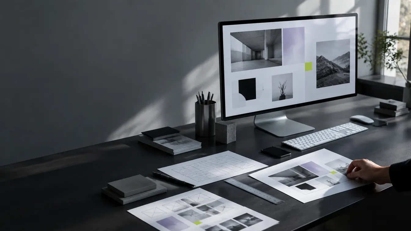 Konzeptioneller Arbeitsplatz für Webdesign – KI-Visualisierung